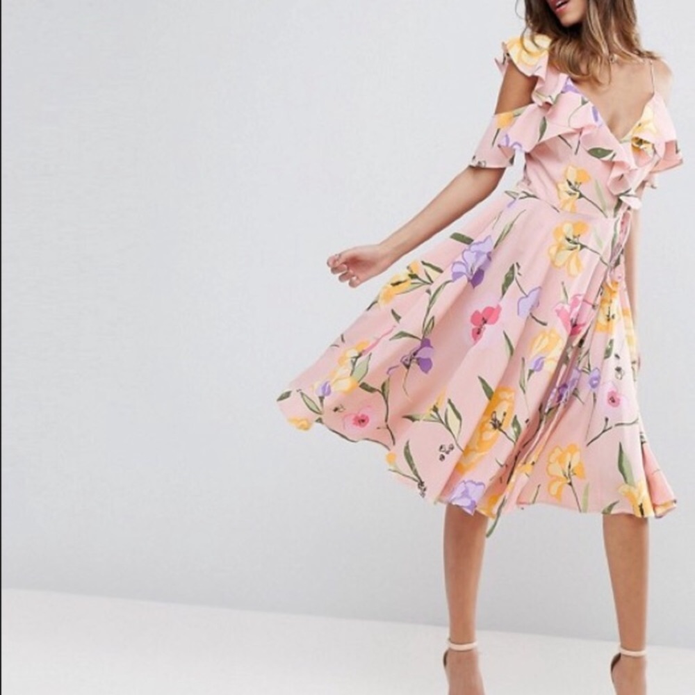 ✈️NWT Asos Coquette Pastel coastal Ruffle Floral Off Shoulder colorful blinged